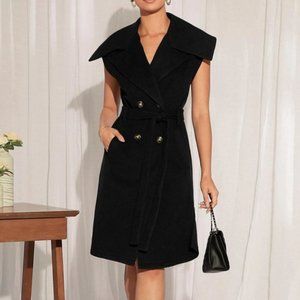 double breasted sleeveless belted coat winter fall chic classy elegant black